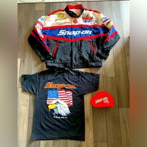 Vintage Snap On bundle single stitch shirt, neon pink hat, racing jacket